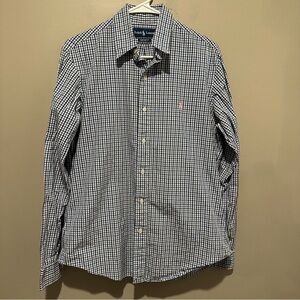Ralph Lauren Polo Shirt Mens 15 1/2 Custom Fit Gingham Button Up Blue Classic